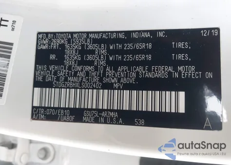 2020 Toyota Highlander Xle z USA, uszkodzony, nr VIN 5TDGZRBHXLS002402